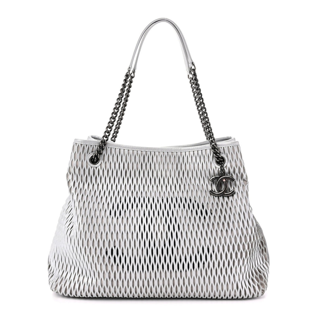 Calfskin Laser Cut Perforated CC Tote Silver