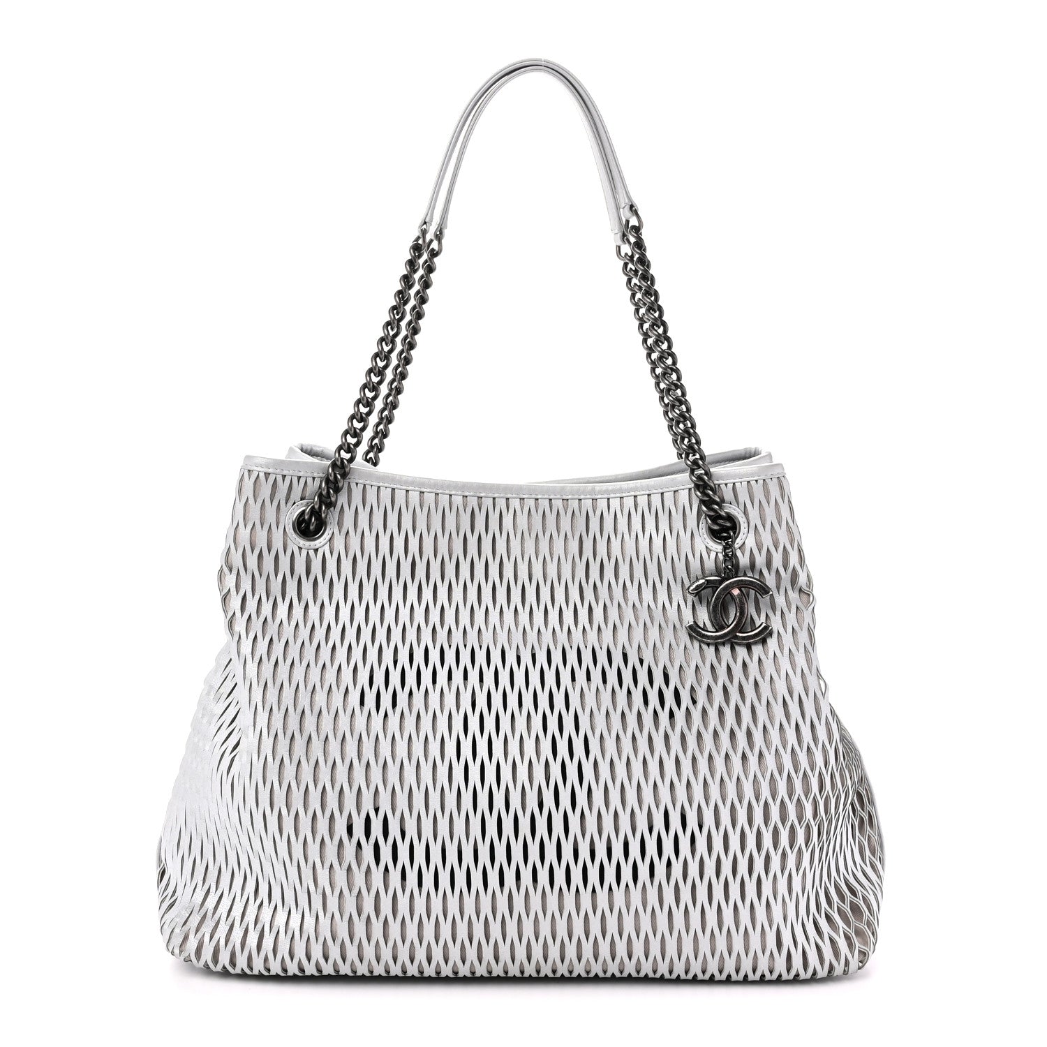 Calfskin Laser Cut Perforated CC Tote Silver