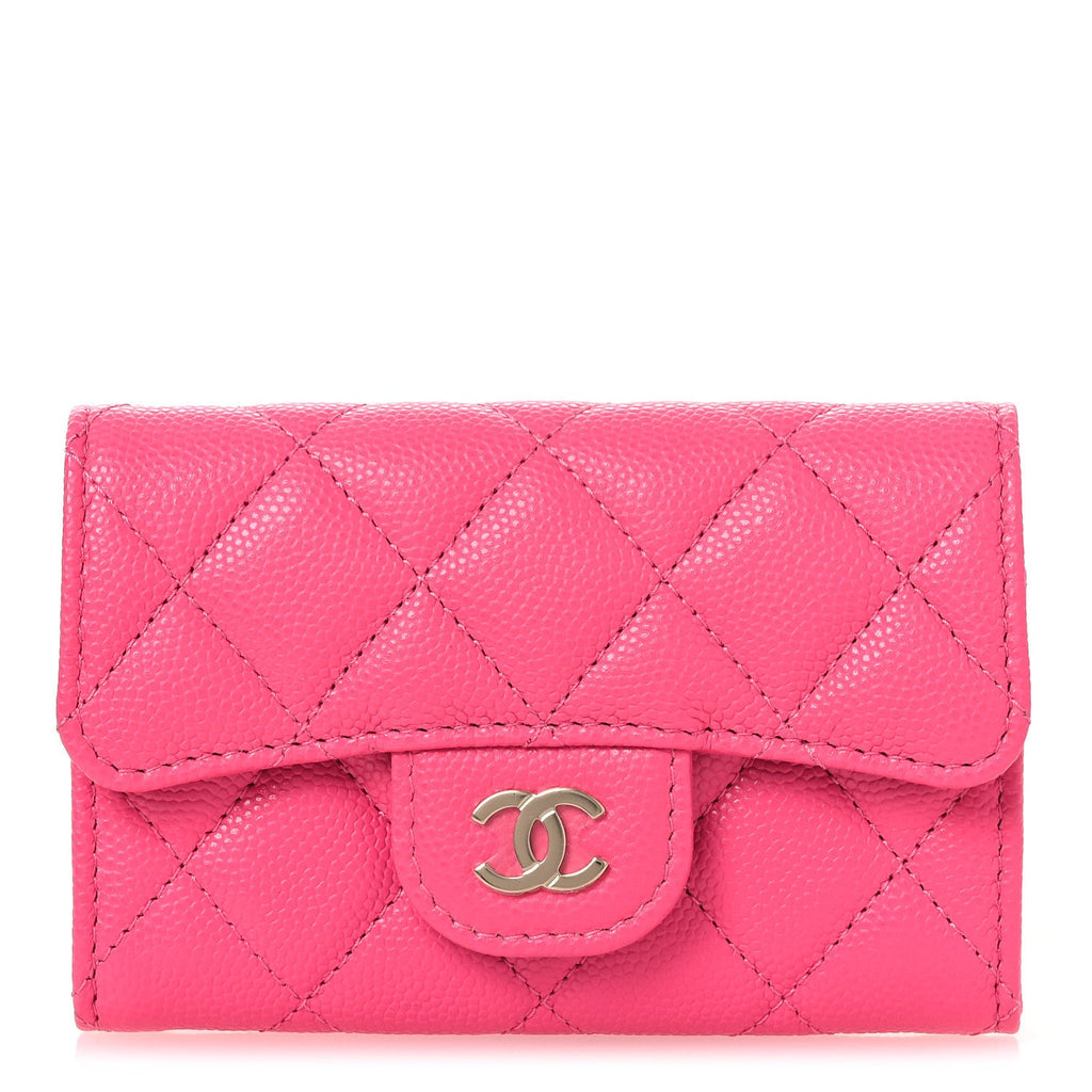 Caviar Quilted Flap Card Holder Wallet Pink
