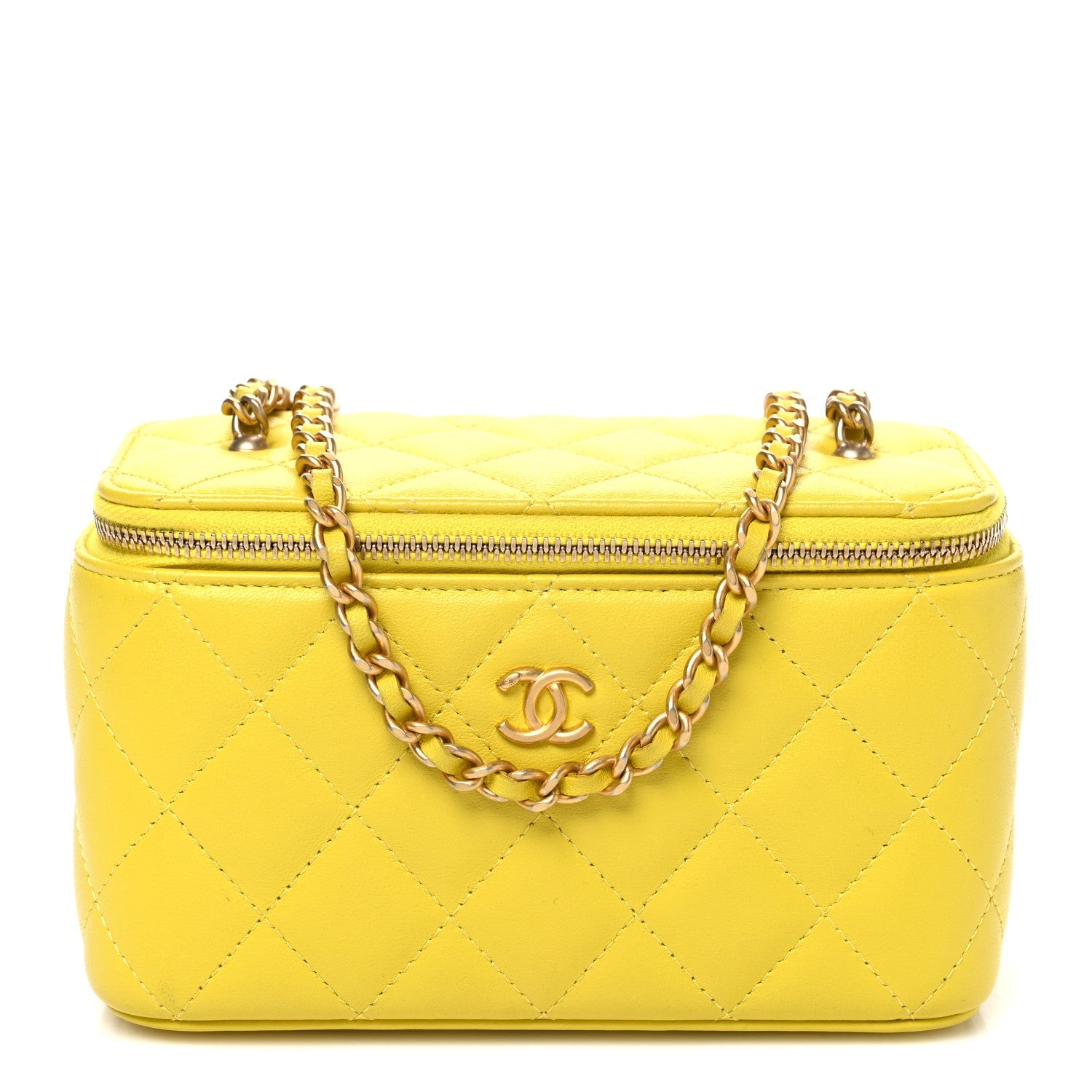 Lambskin Quilted Small Pearl Crush Vanity Case With Chain Yellow