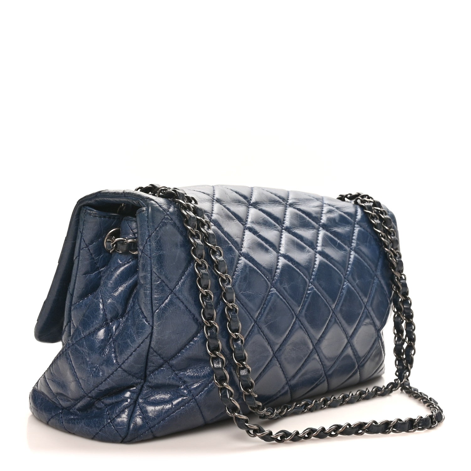 Glazed Calfskin Quilted Large Coco Soft Flap Navy