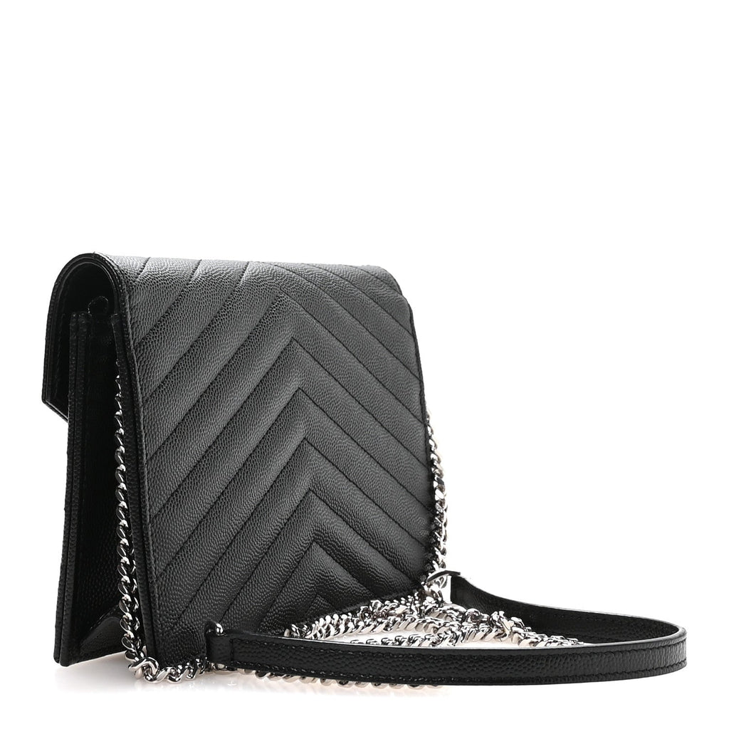 Grain De Poudre Matelasse Chevron Monogram Envelope Chain Wallet Black