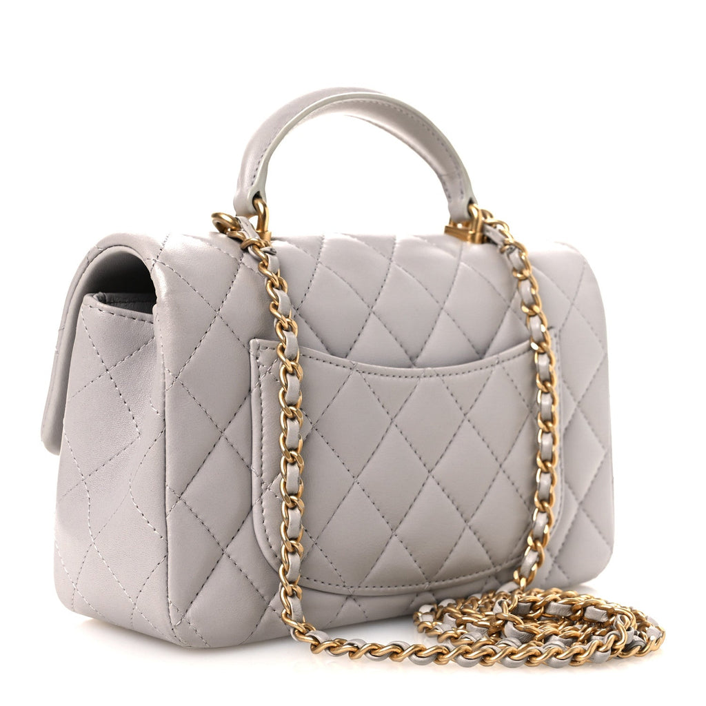 Lambskin Quilted Mini Top Handle Rectangular Flap Grey