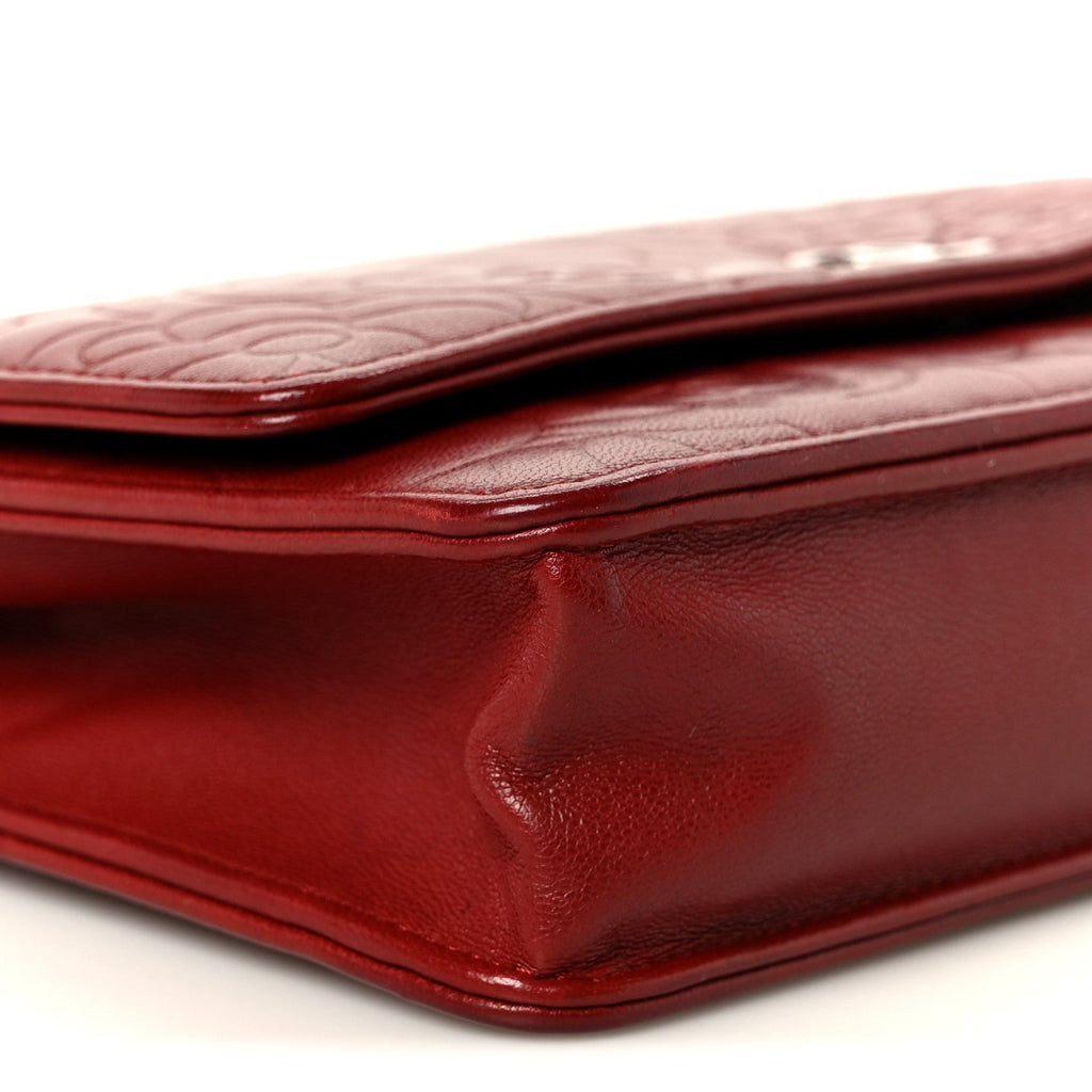 Lambskin Camellia Embossed Wallet on Chain WOC Red