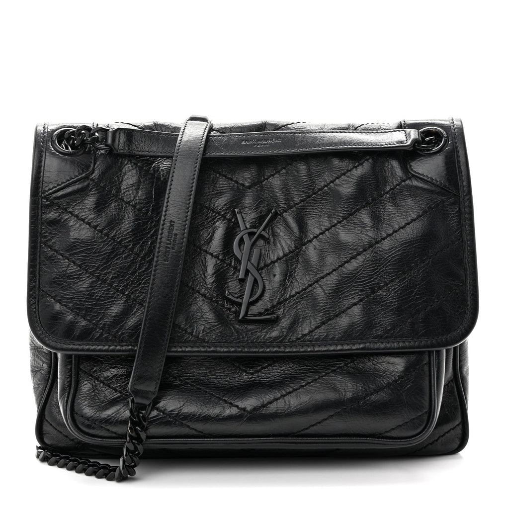 Crinkled Calfskin Matelasse Monogram Medium Niki Chain Satchel Black