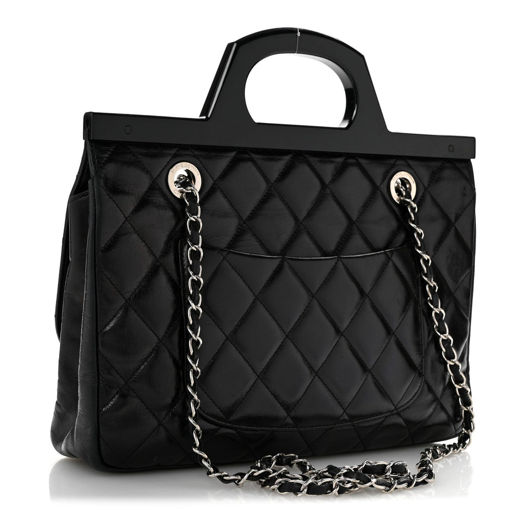 Glazed Calfskin Quilted Small CC Delivery Tote Black