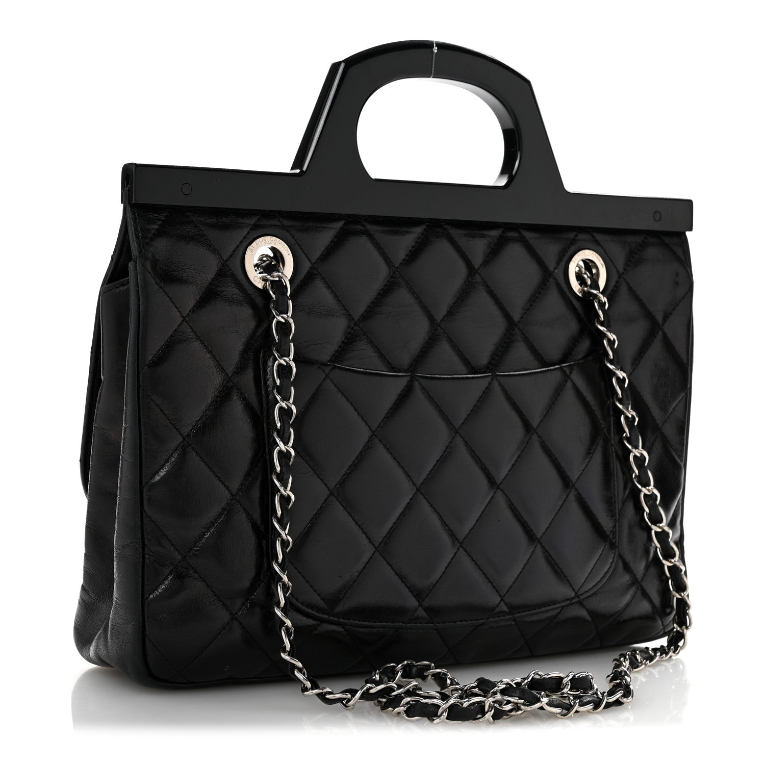 Glazed Calfskin Quilted Small CC Delivery Tote Black