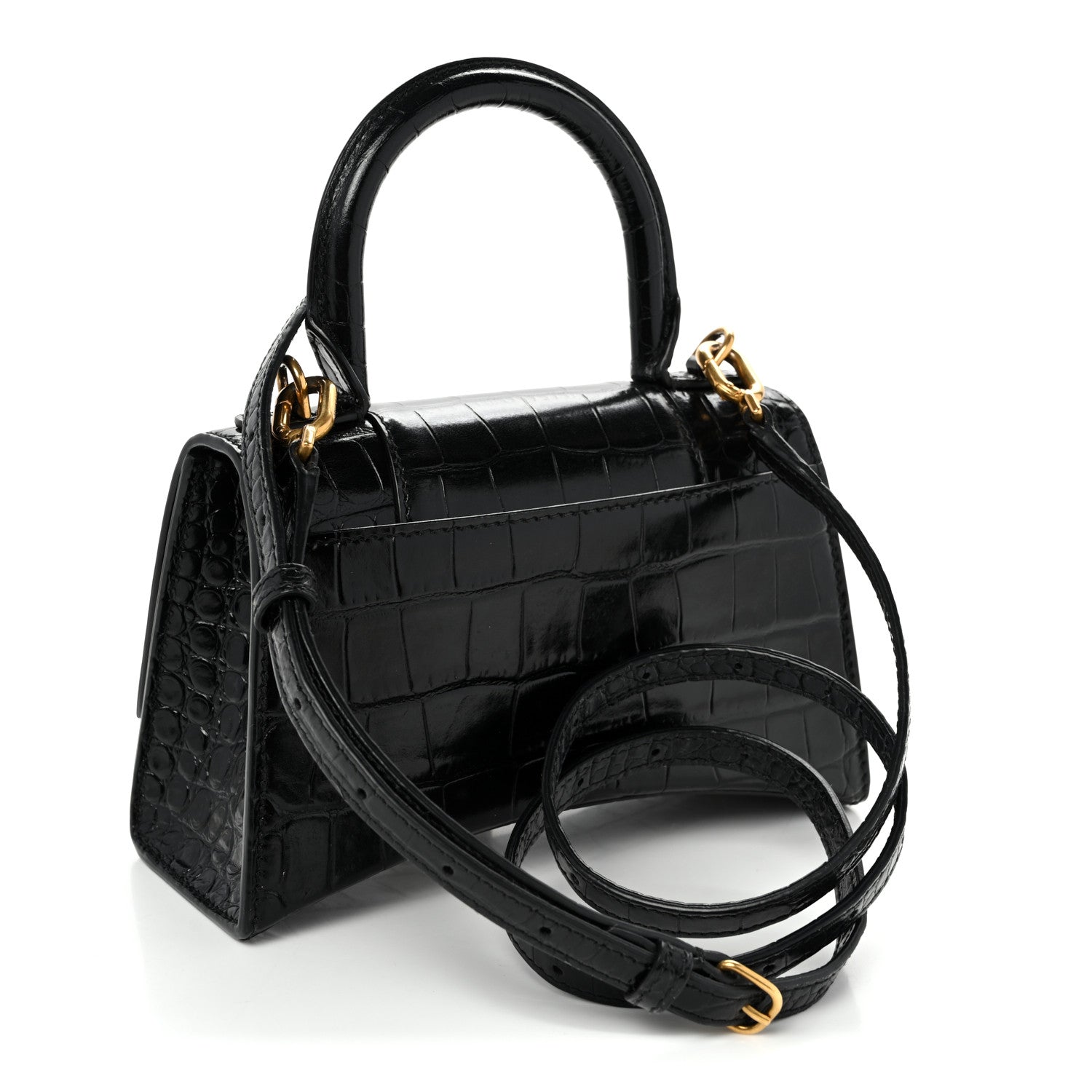 Shiny Calfskin Crocodile Embossed Hourglass Top Handle Bag XS Black