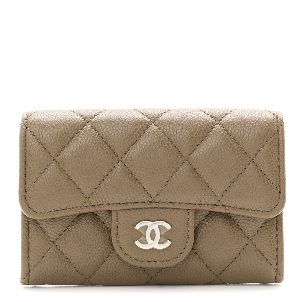 Caviar Quilted Flap Card Holder Wallet Dark Khaki