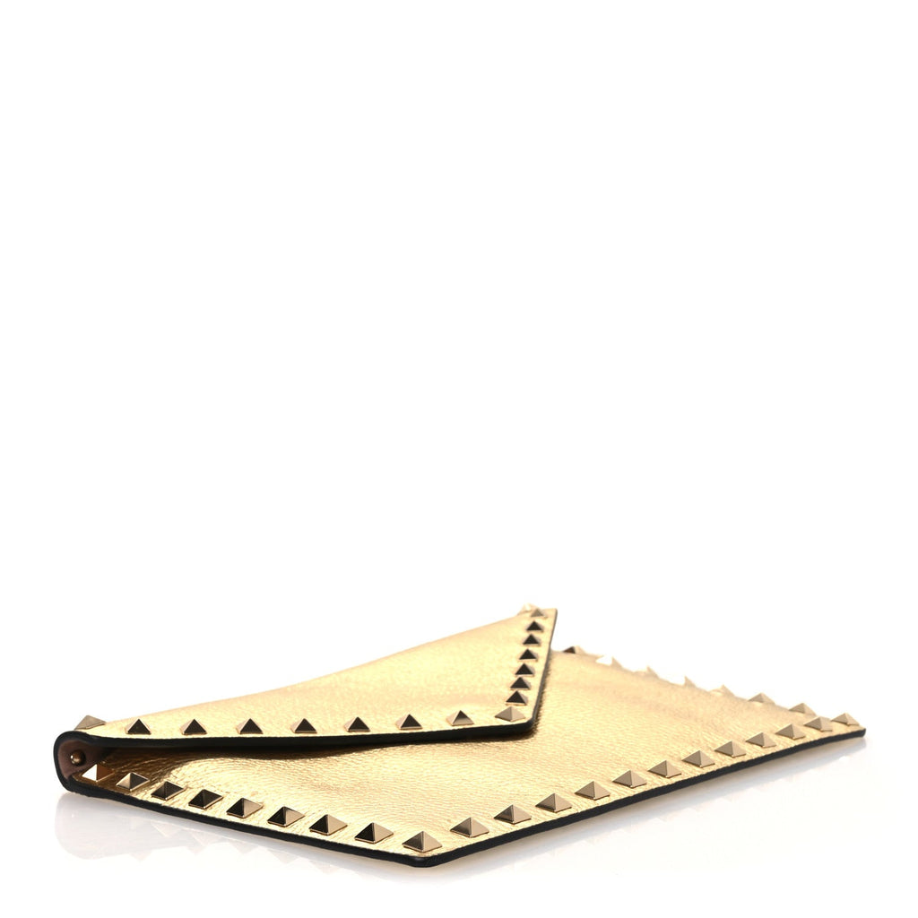 Metallic Calfskin Medium Rockstud Envelope Flat Wristlet Pouch Gold