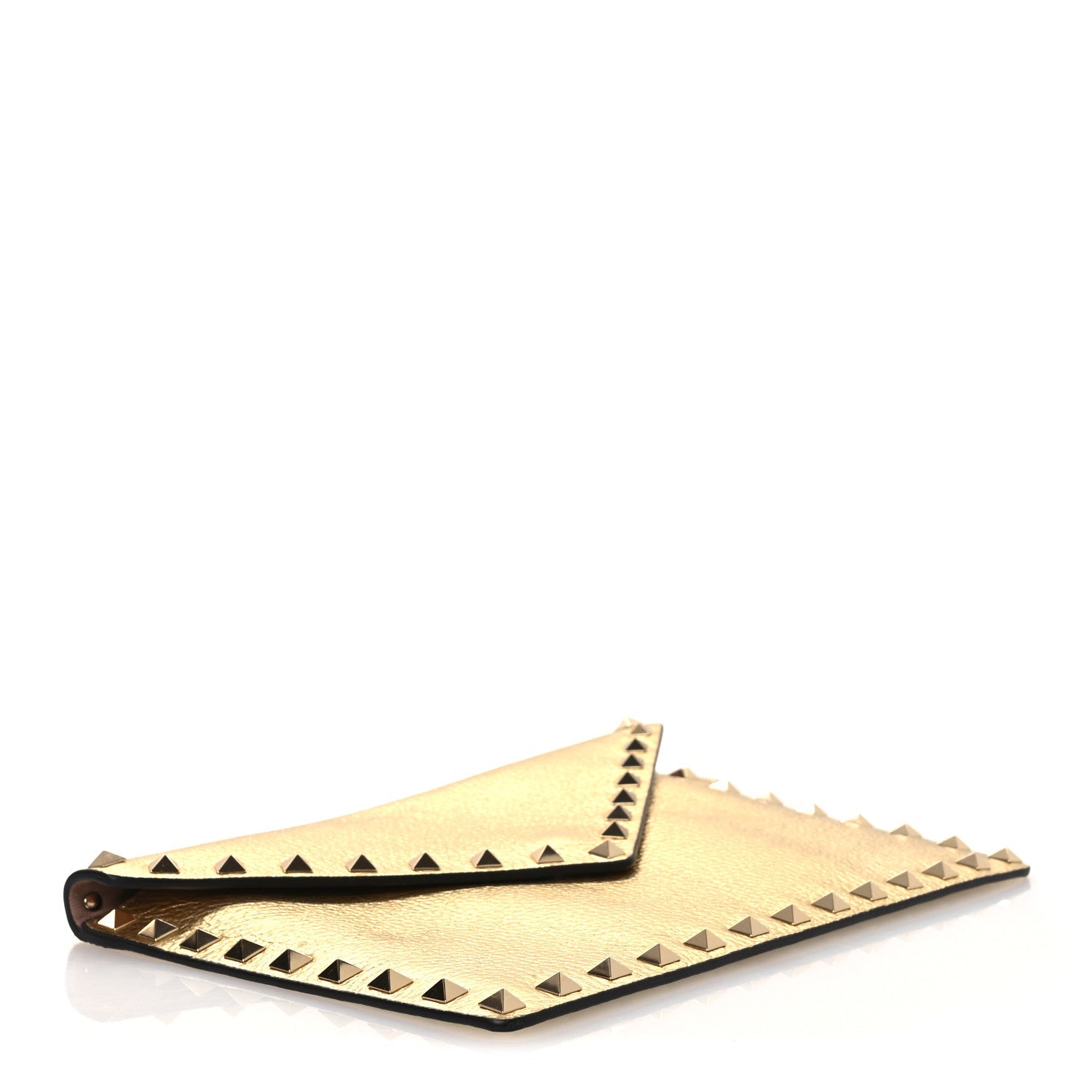 Metallic Calfskin Medium Rockstud Envelope Flat Wristlet Pouch Gold