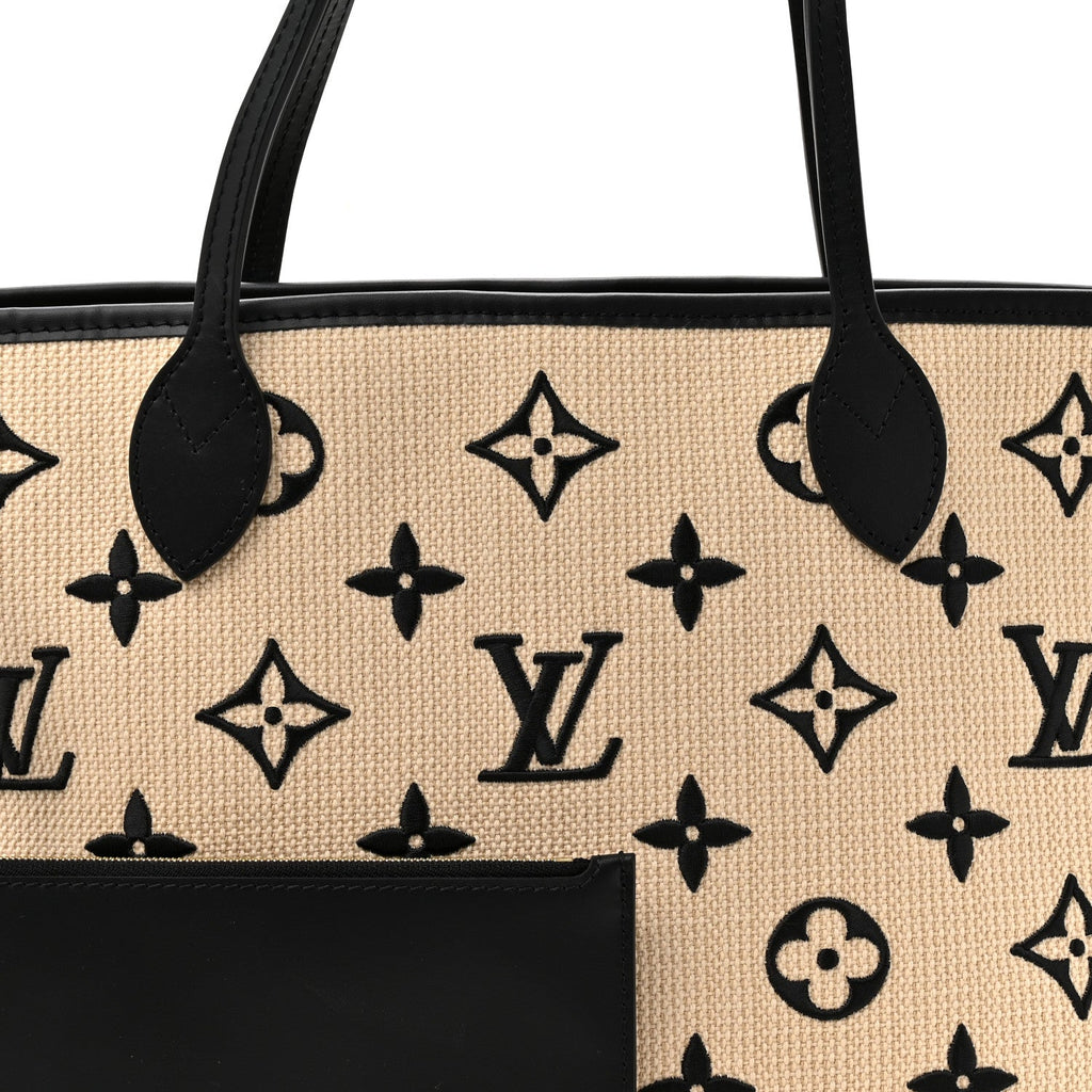 Cotton Monogram Embroidered Neverfull MM Beige Black