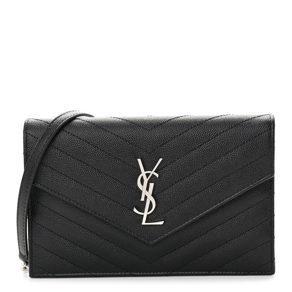 Grain De Poudre Matelasse Chevron Monogram Envelope Chain Wallet Black
