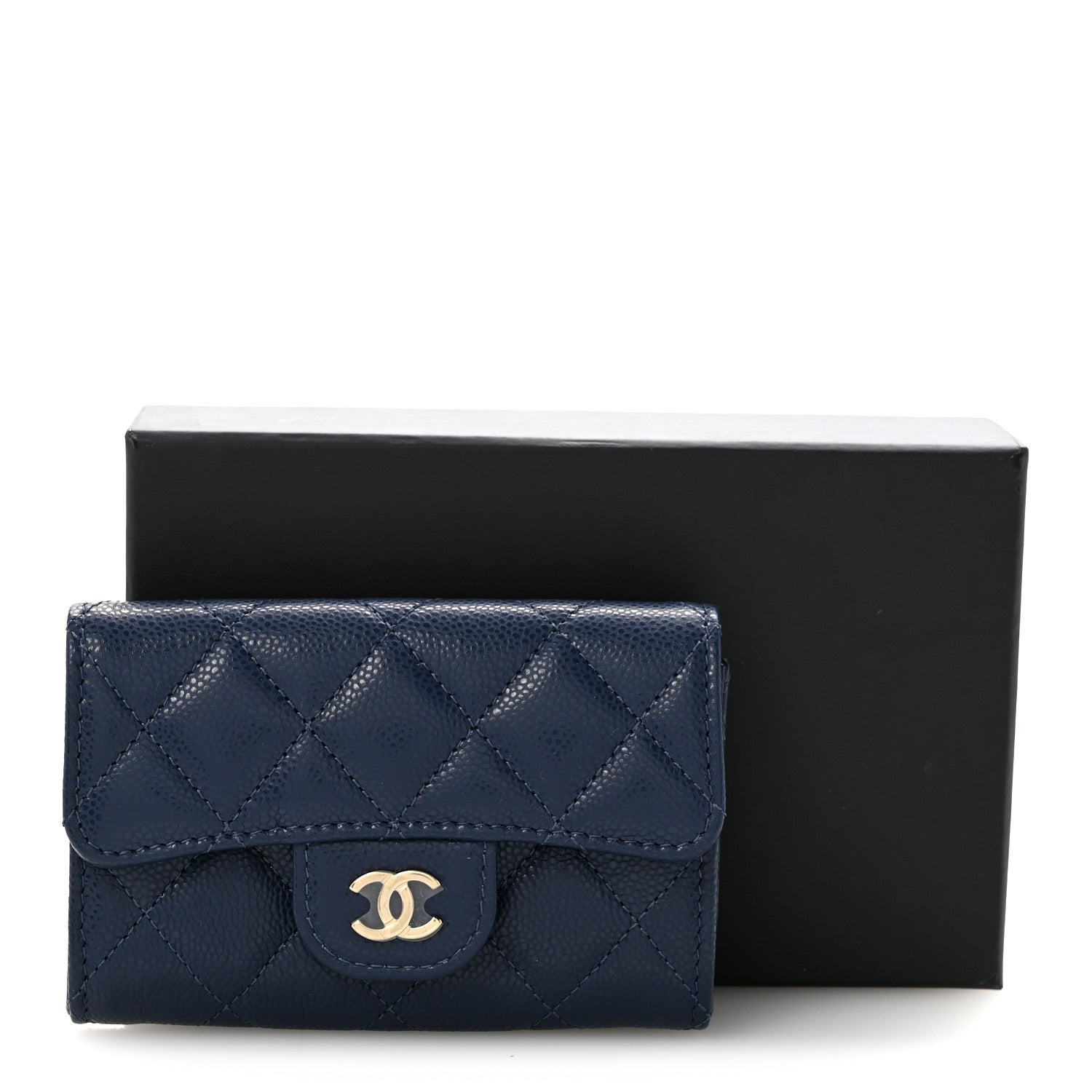 Caviar Quilted Flap Card Holder Wallet Navy Blue