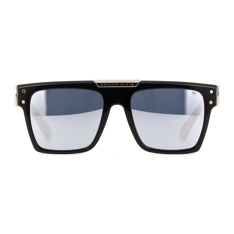 Philipp Plein Sunglasses Square Full Rim, Shiny Black/Silver Frame and Smoke Silver Mirror Lens SPP080700W