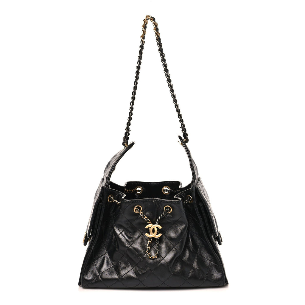 Shiny Crumpled Calfskin Quilted Small Chanel 25 Handbag Black