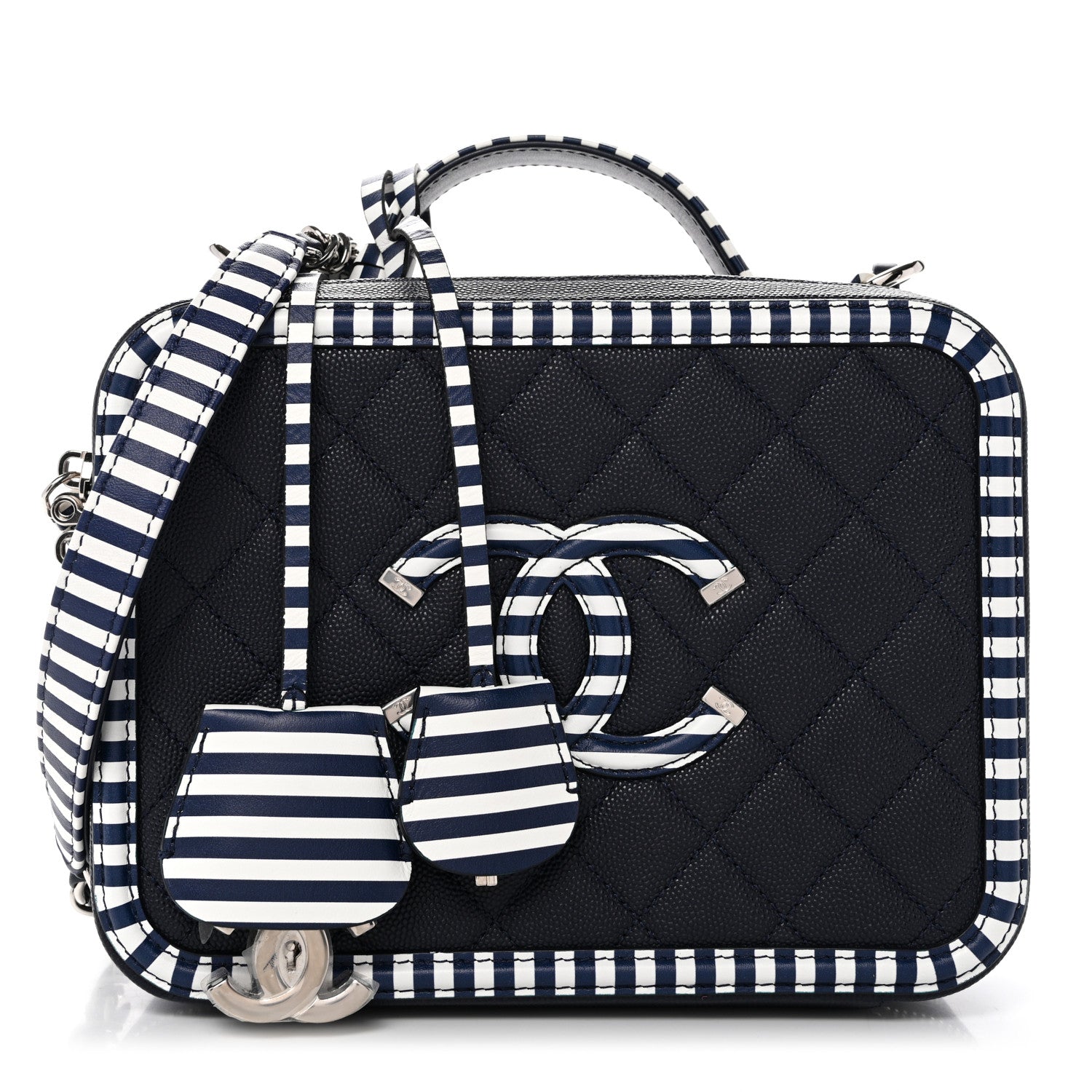 Caviar Quilted Striped Medium CC Filigree Vanity Case Navy White