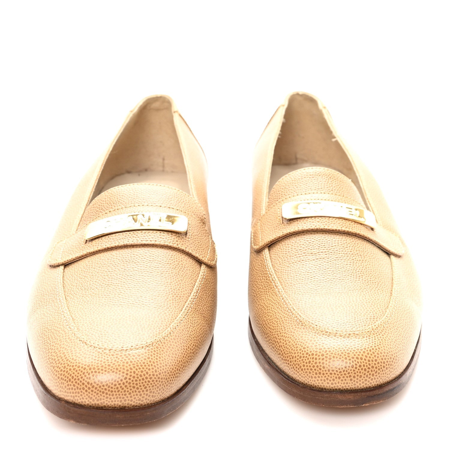 Caviar Logo Plate Moccasin Loafers 38.5 Beige