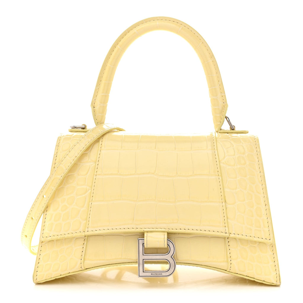 Calfskin Crocodile Embossed Small Hourglass Top Handle Bag Pale Yellow