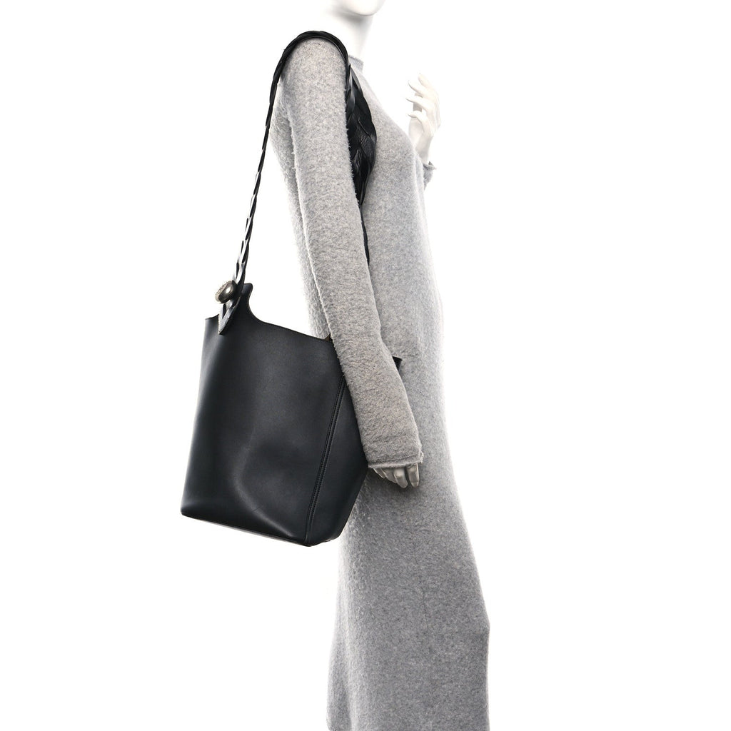 Smooth Calfski Large Woven Pebble Bucket Bag Black