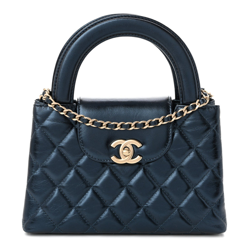 Metallic Aged Calfskin Quilted Nano Kelly Shopper Navy