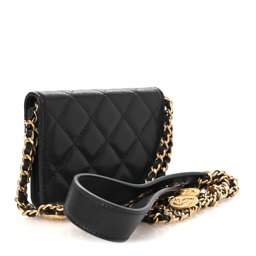 Caviar Quilted Twist Your Buttons Coin Purse With Chain Navy