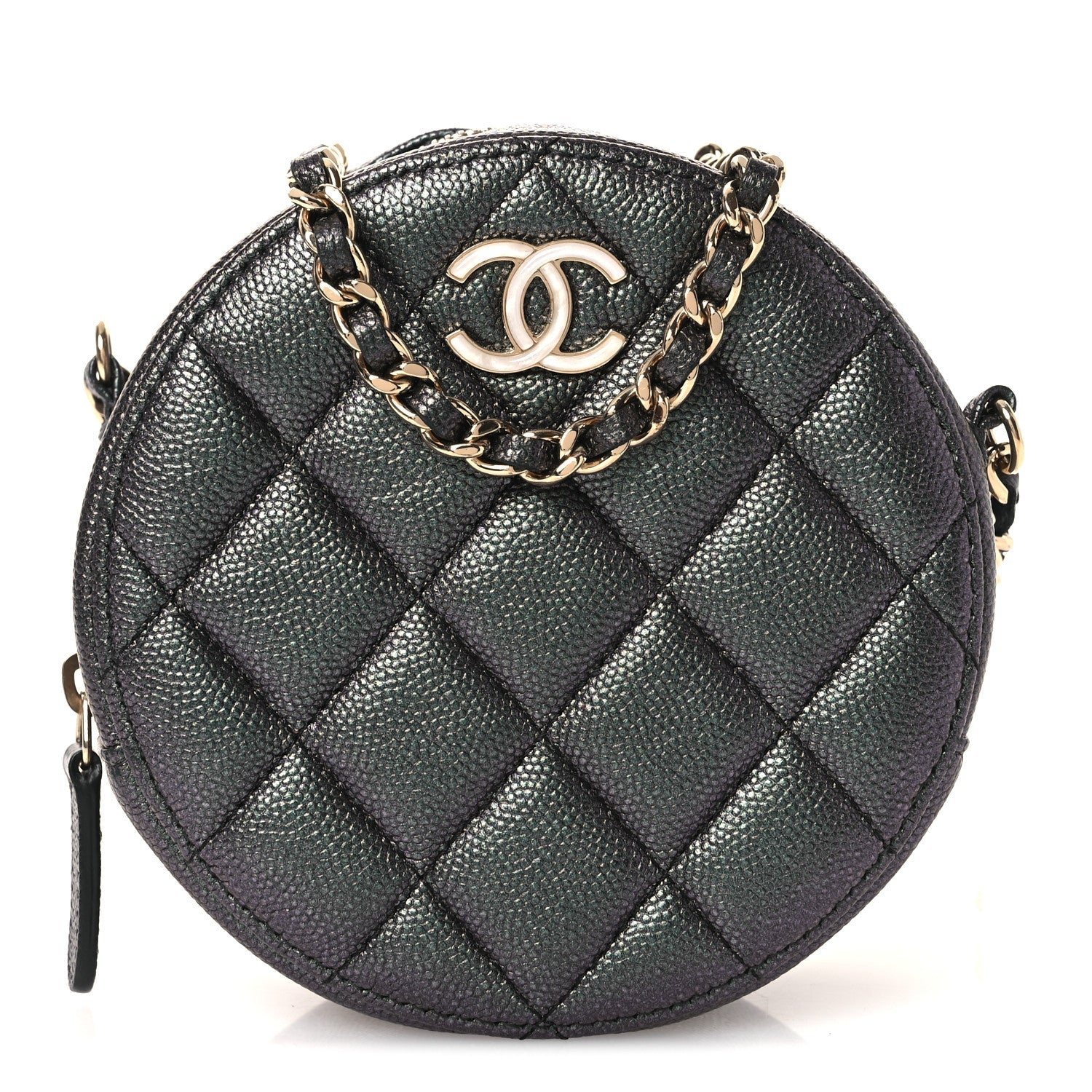 Iridescent Caviar Quilted Round Clutch With Chain Black