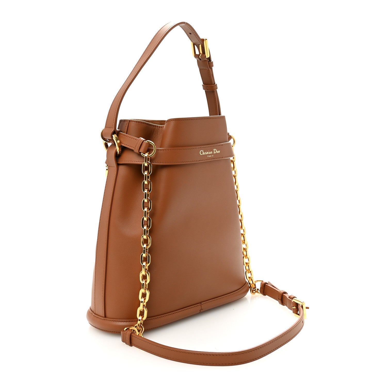 Calfskin CD Embossed Medium C'est Chain Bucket Bag Golden Saddle
