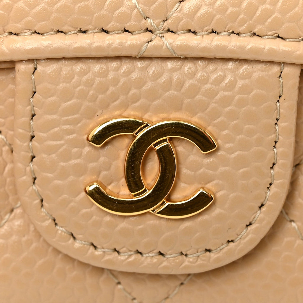 Caviar Quilted Flap Card Holder Wallet Beige