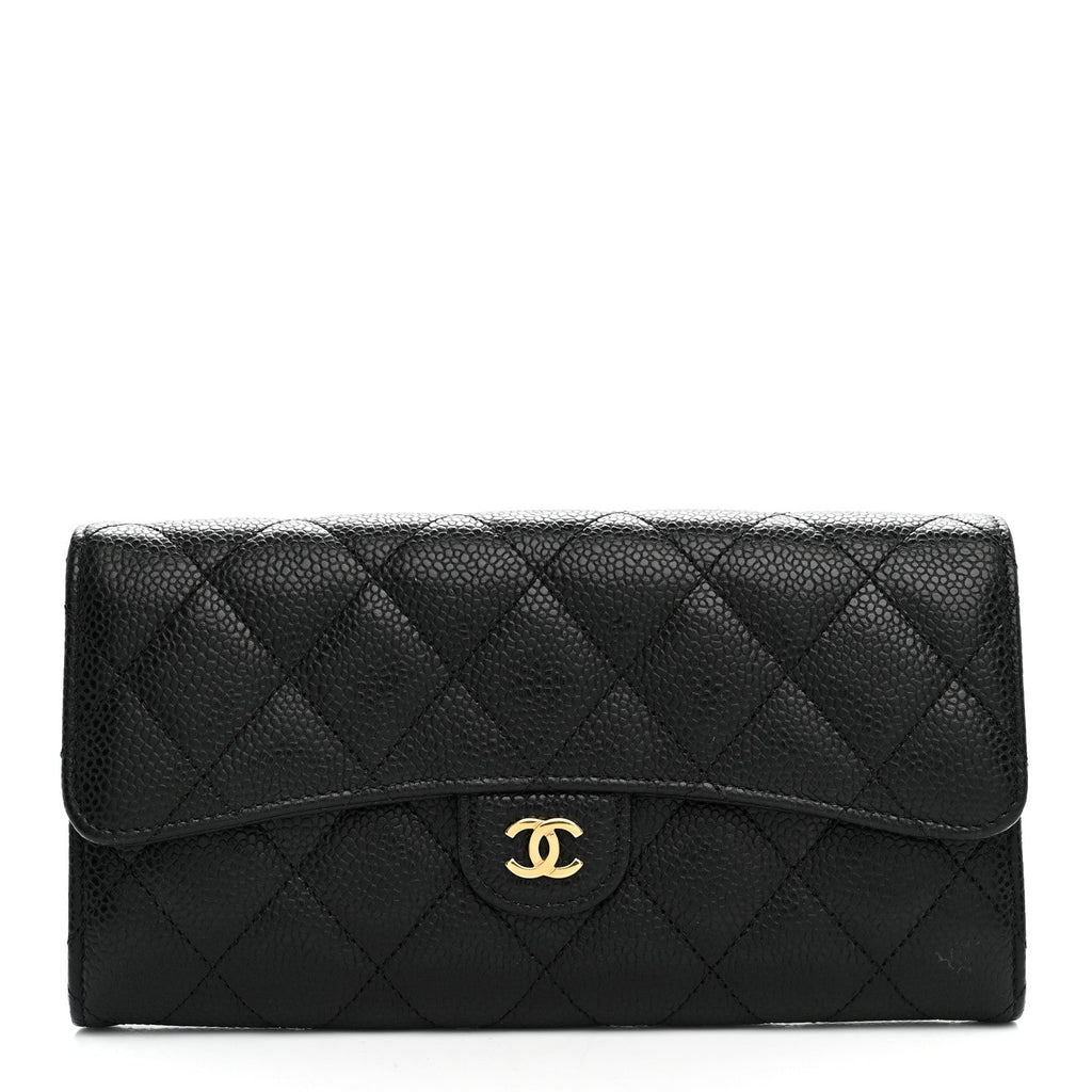 Caviar Quilted Large Gusset Flap Wallet Black