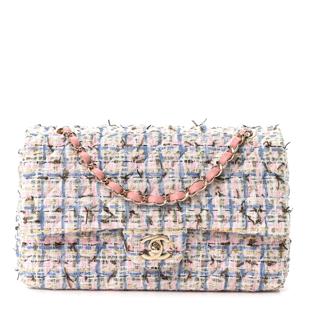 Tweed Quilted Medium Double Flap Blue Pink Gold White