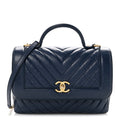 Calfskin Chevron Quilted Top Handle Flap Navy