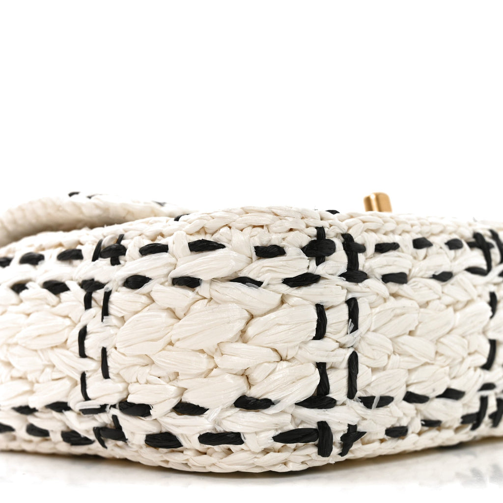 Raffia Effect Tweedy Mini Flap Bag White Black