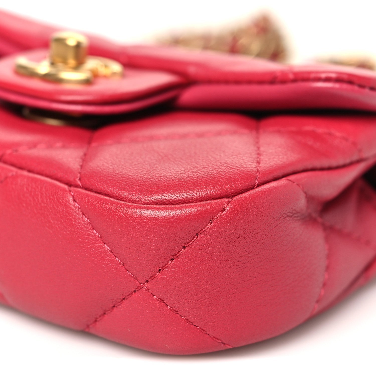Calfskin Quilted Lady Handle Flap Card Holder With Chain Dark Pink