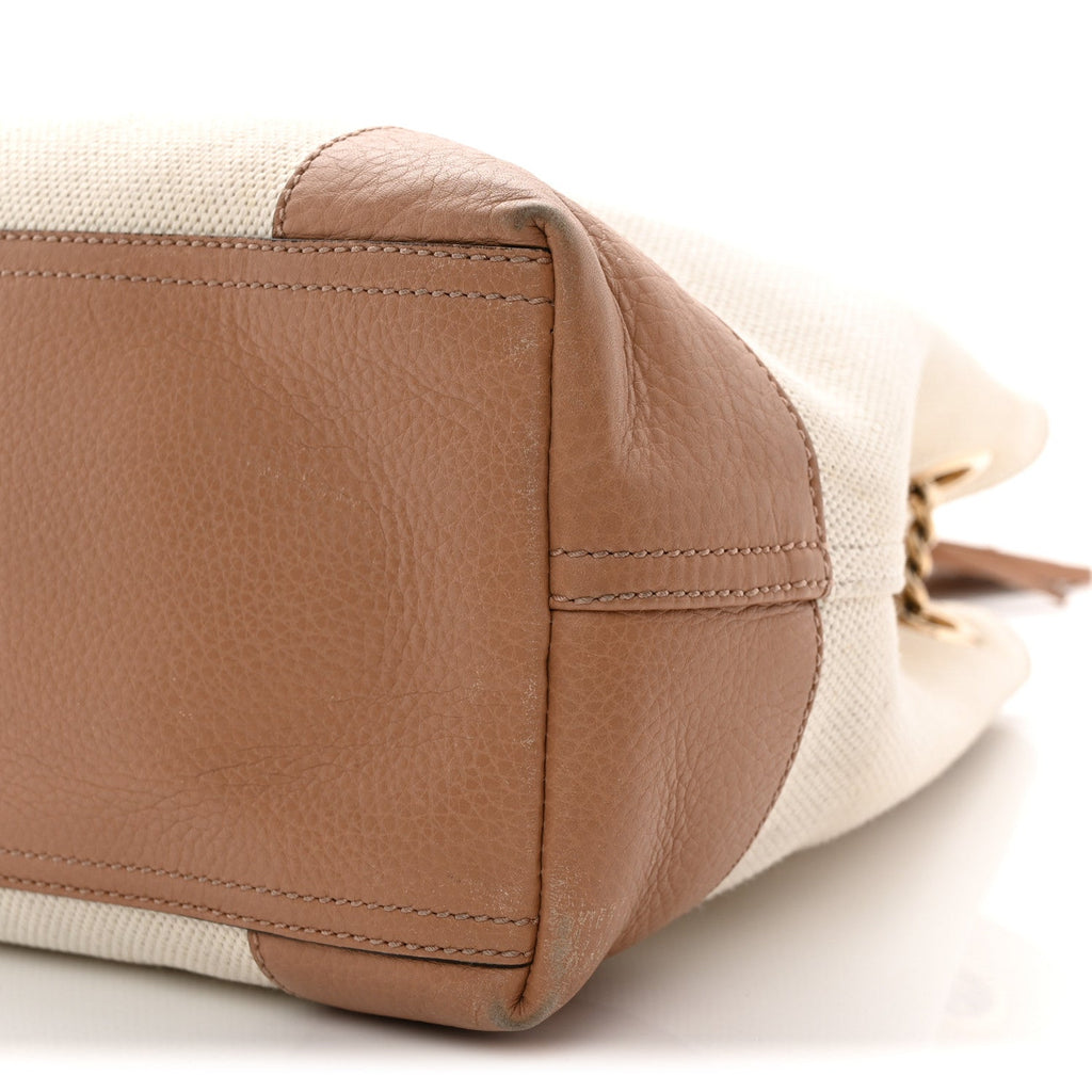 Linen Canvas Pebbled Calfskin Medium Soho Chain Shoulder Bag White Camelia