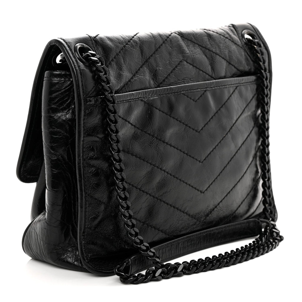 Crinkled Calfskin Matelasse Monogram Medium Niki Chain Satchel Black