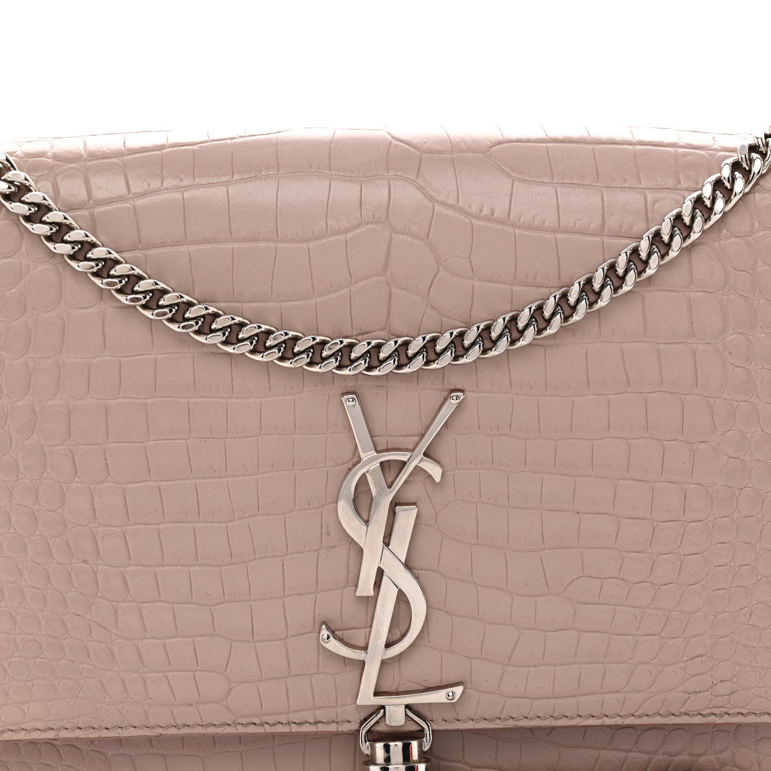 Calfskin Crocodile Embossed Medium Classic Monogram Kate Tassel Satchel Powder Pink