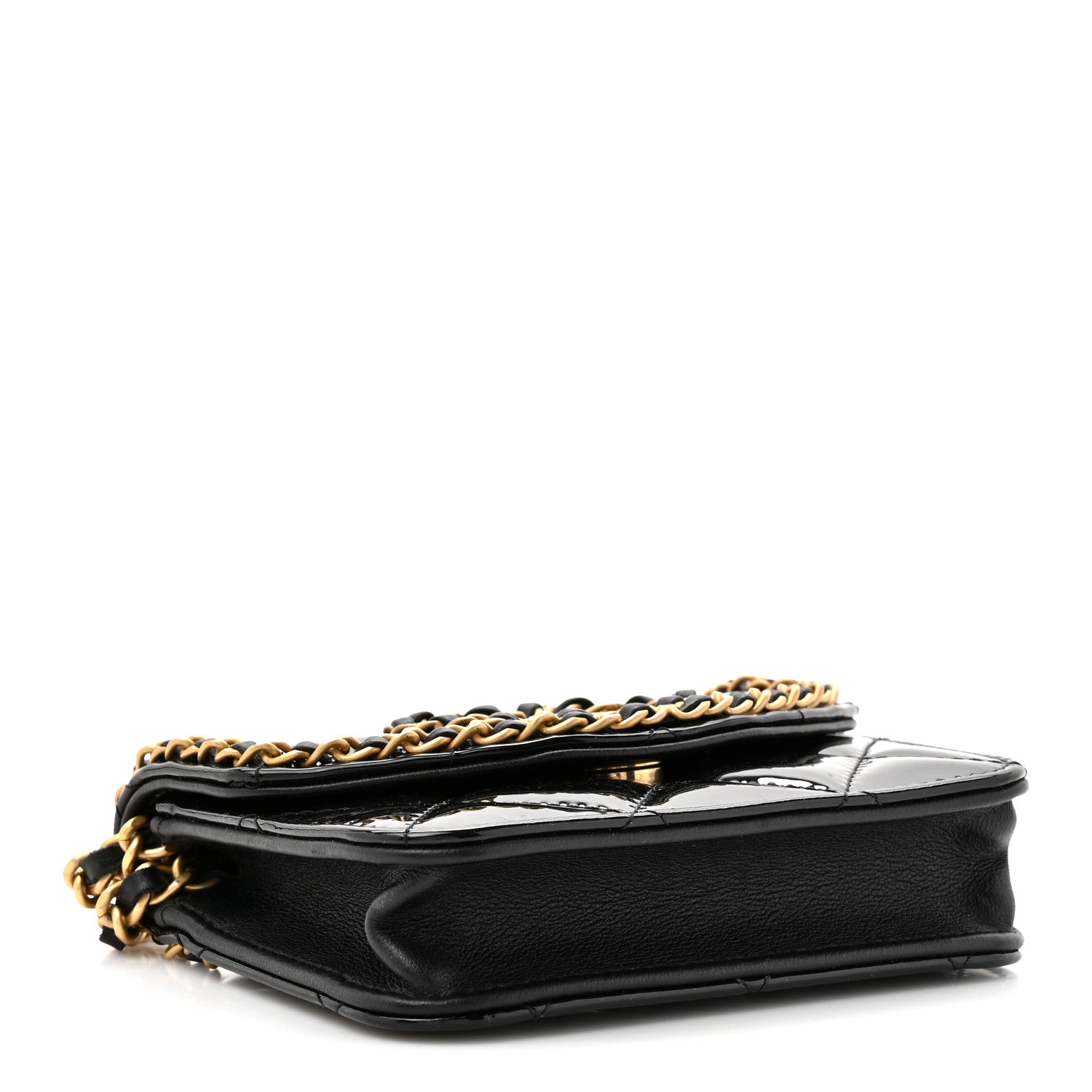 Patent Quilted Chain Around Heart Mini Chain Flap Black