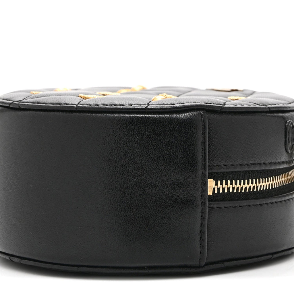 Lambskin Quilted Egyptian Amulet Round Clutch With Chain  Black
