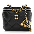 Lambskin Quilted Mini Pearl Crush Vanity Case With Chain Black