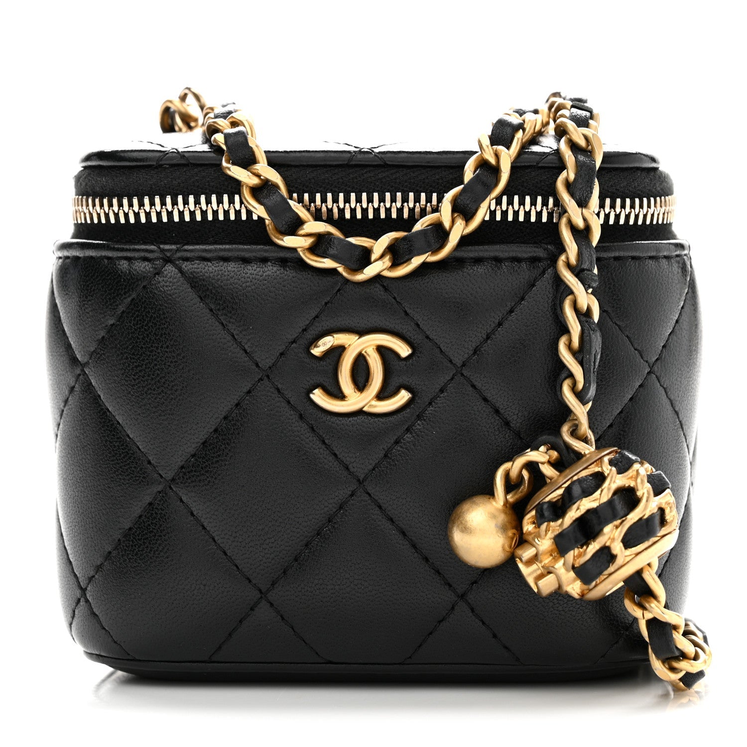 Lambskin Quilted Mini Pearl Crush Vanity Case With Chain Black
