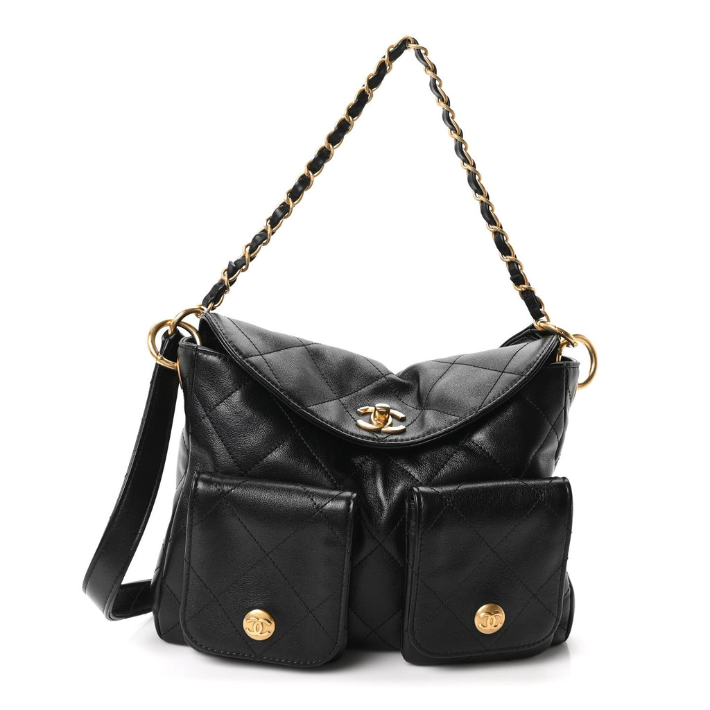 Shiny Calfskin Quilted Small Supple Twins Hobo Bag Black