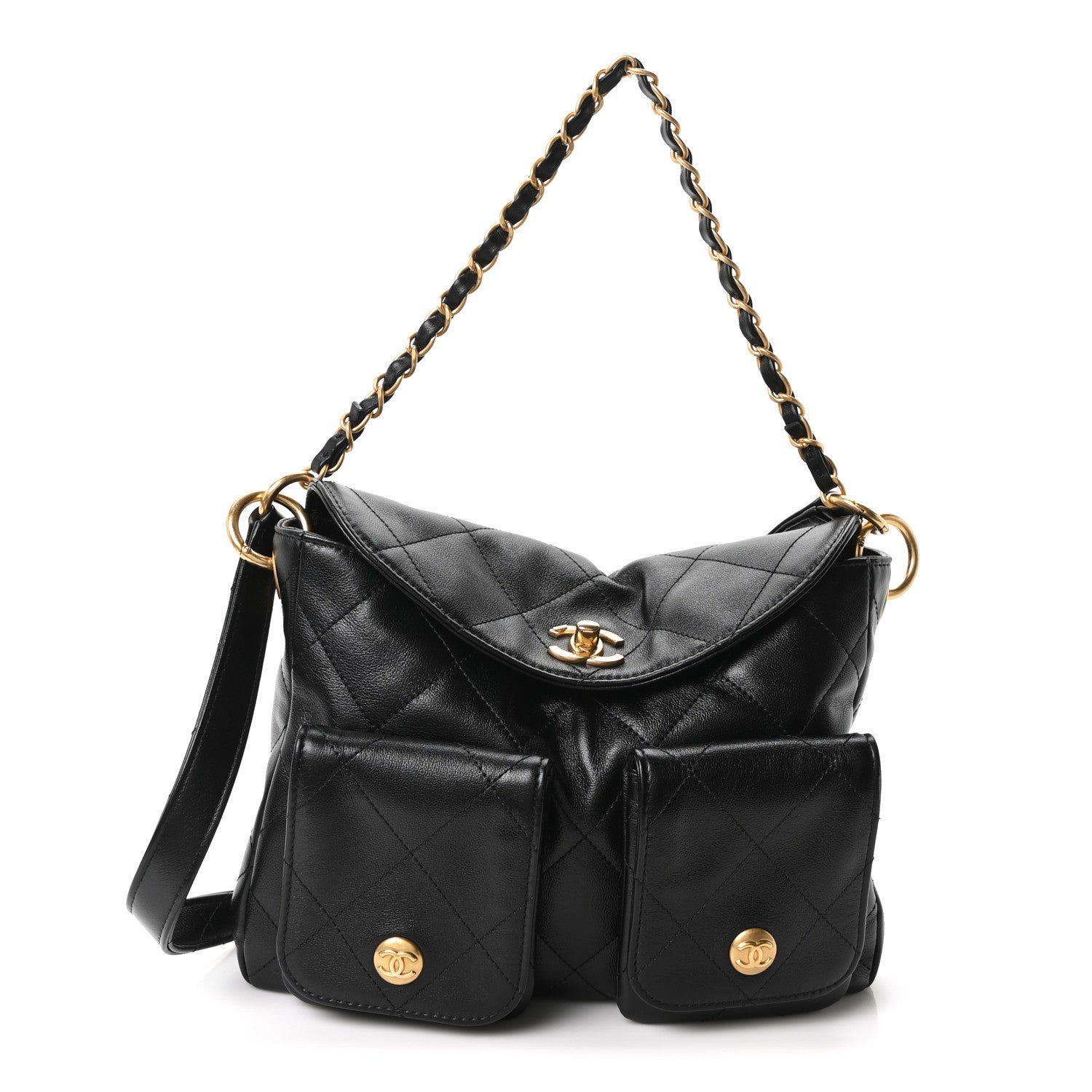 Shiny Calfskin Quilted Small Supple Twins Hobo Bag Black