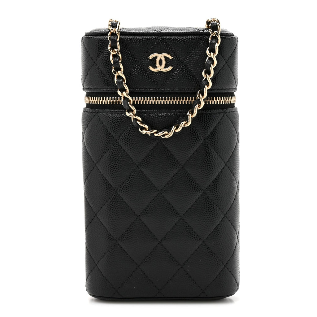 Caviar Quilted Phone Holder With Chain Black