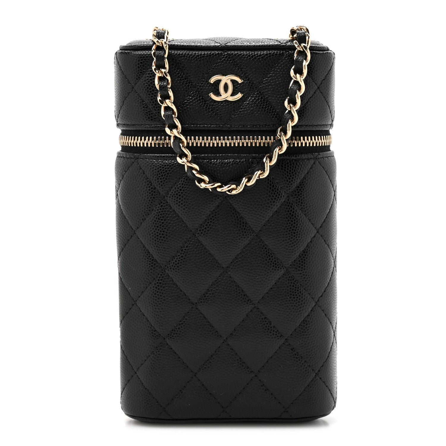 Caviar Quilted Phone Holder With Chain Black