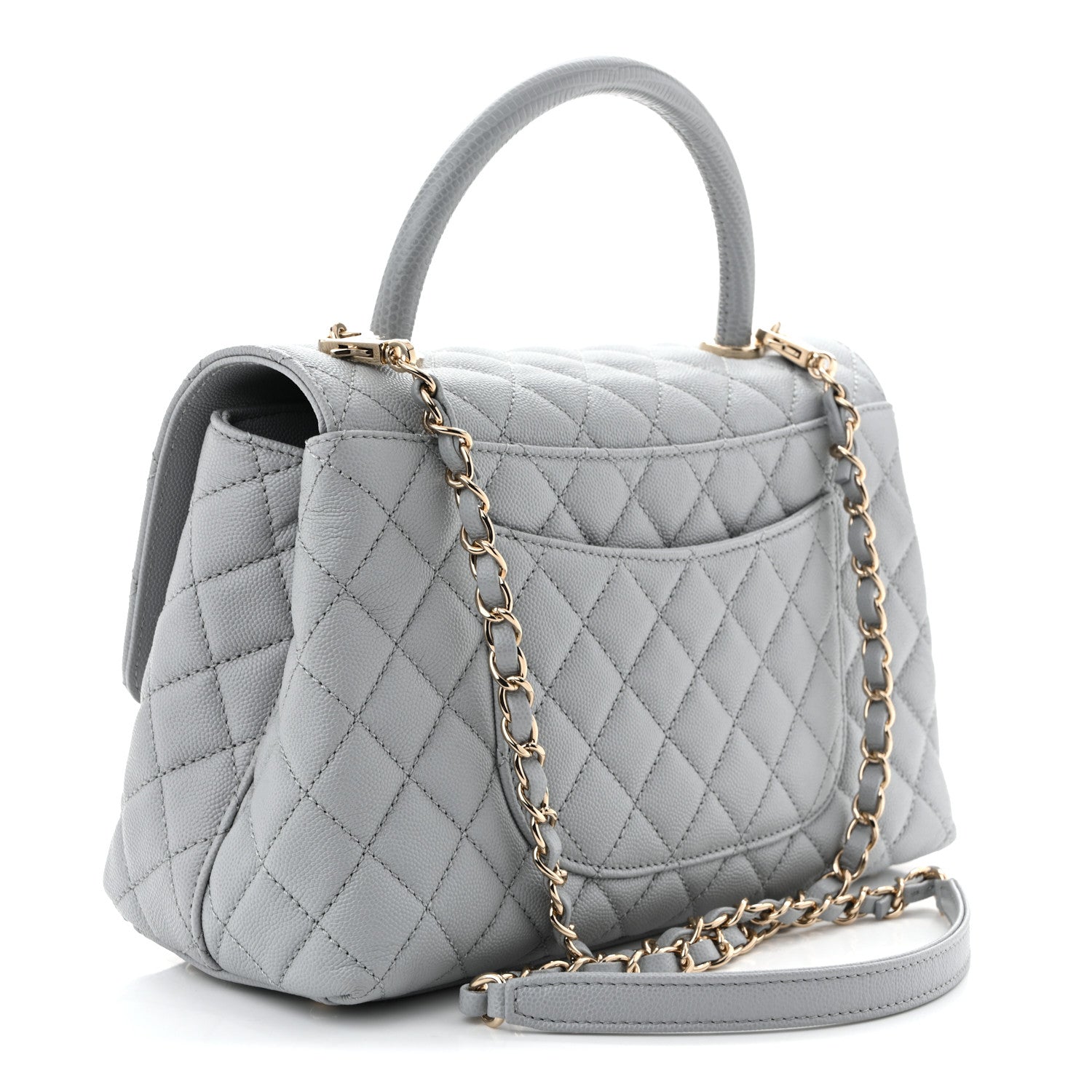 Caviar Lizard Embossed Quilted Small Coco Handle Flap Light Grey