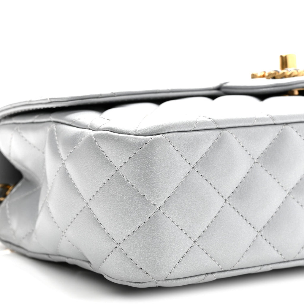 Metallic Lambskin Quilted Small Strass On Top Flap Silvery