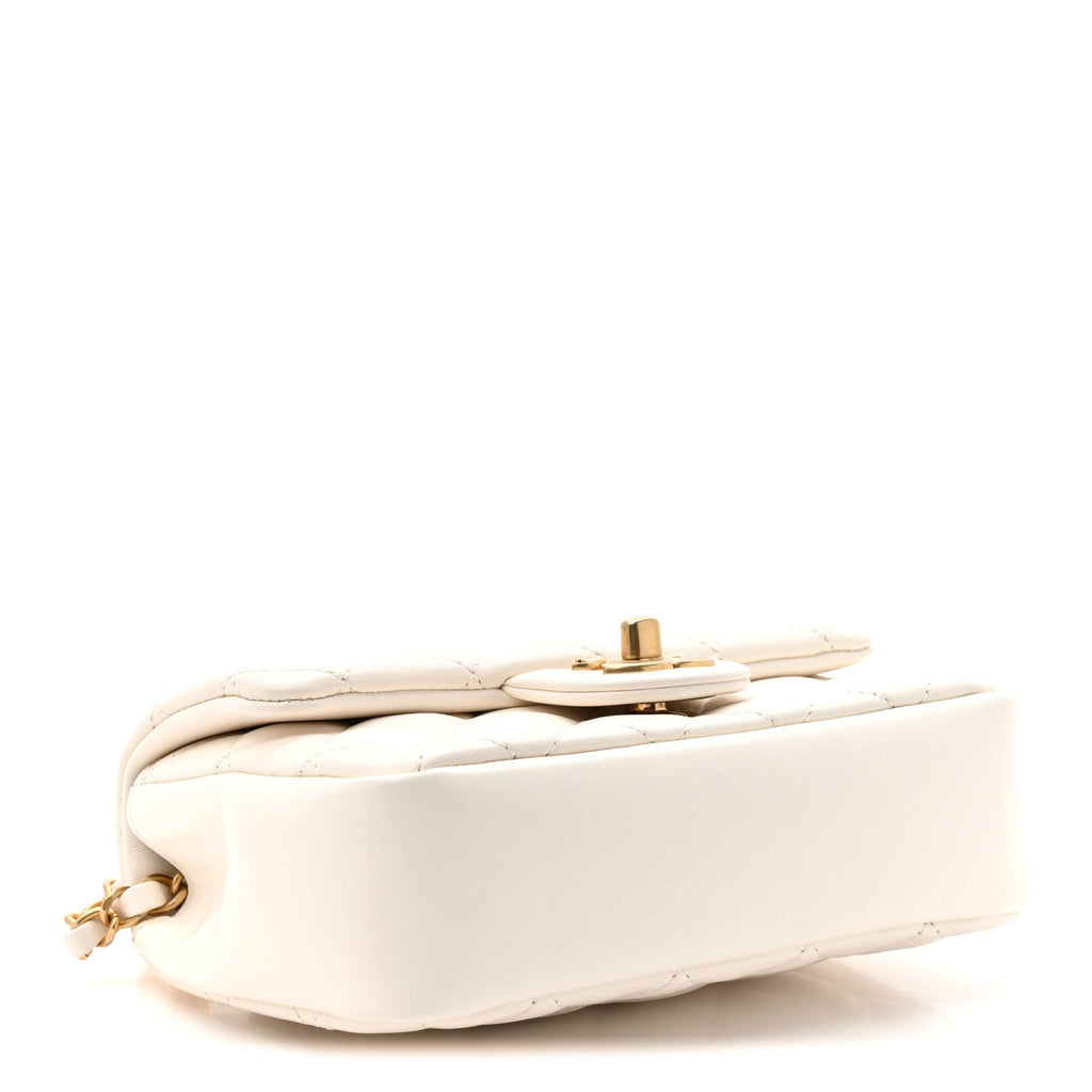 Shiny Lambskin Quilted Pearl Twist Mini Square Flap White