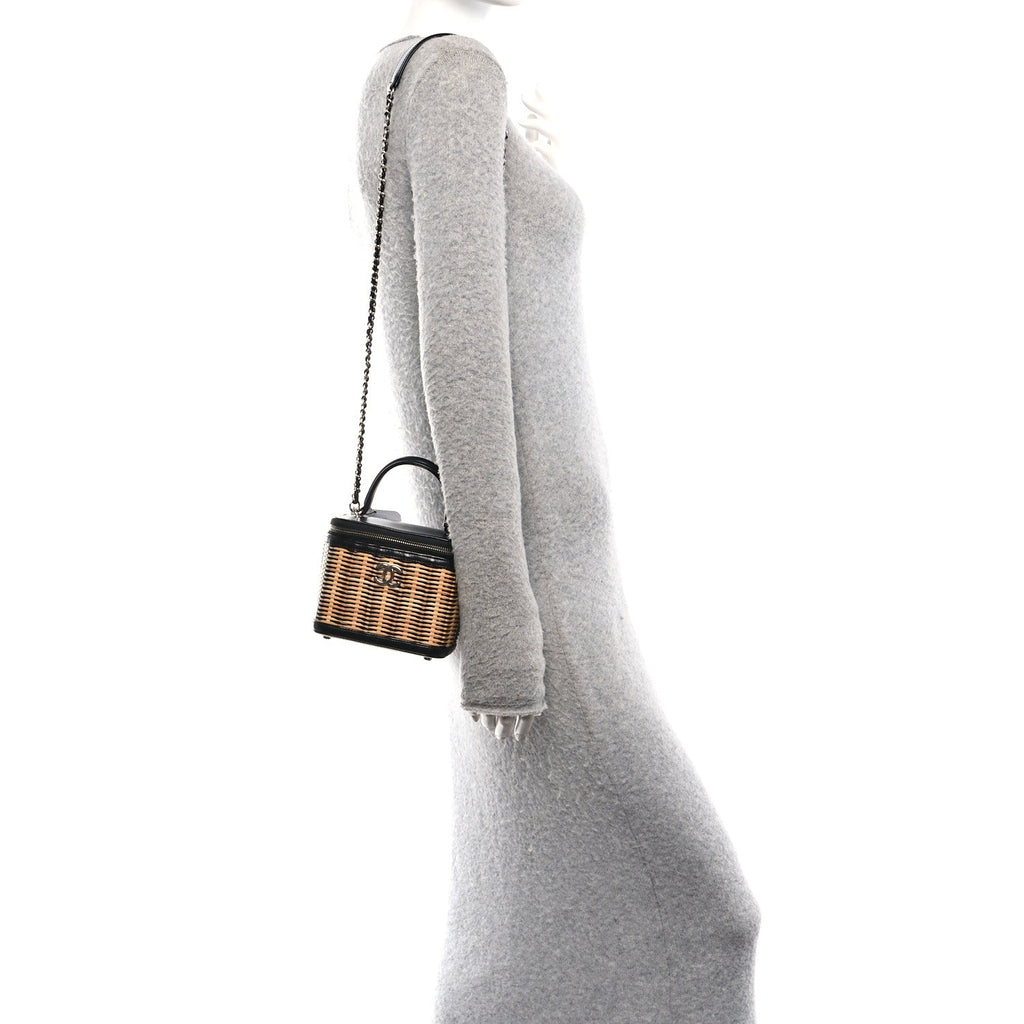 Calfskin Raffia Small Vanity Case Bag Black Beige