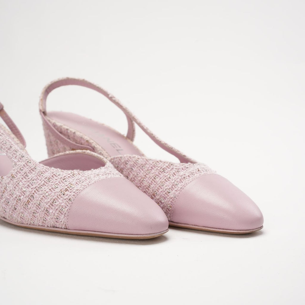 Chanel Tweed/Leather Slingback Pumps Pink 38